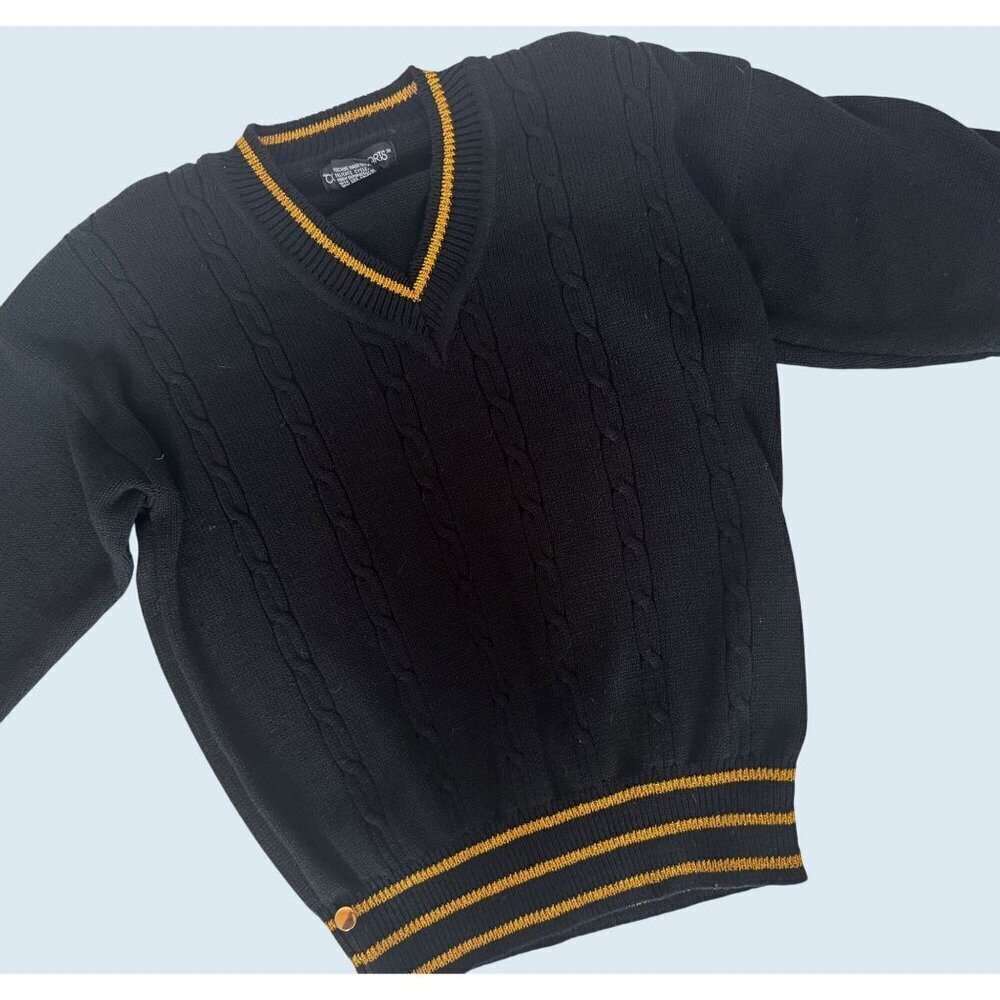 Vintage COUNTERPARTS Black Cable Knit Gold Trim V Neck Sweater 80s / 90s Size M
